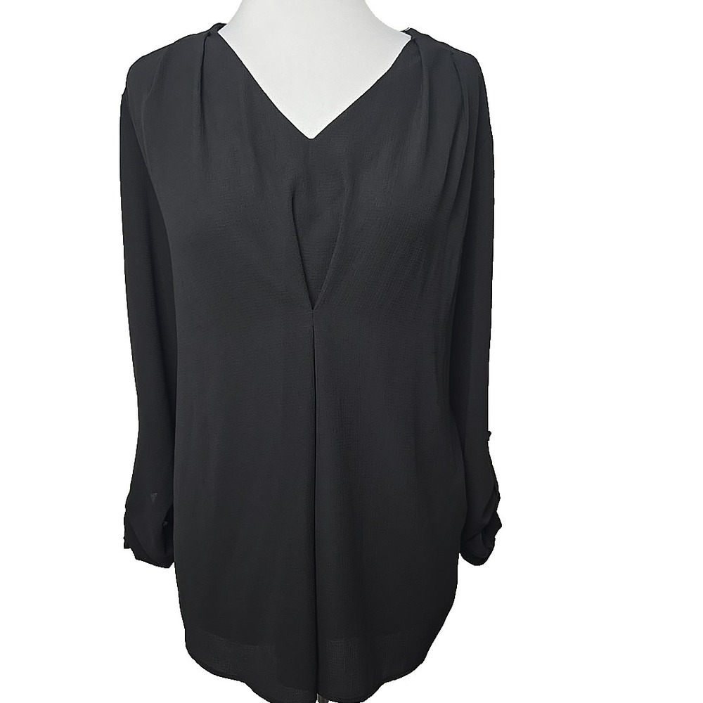 New Directions Black V-neck Tab Sleeve Blouse Size Large
